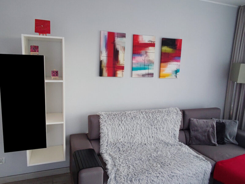 Salon apartamentu Na Skarpie z sofą, kocykiem i kolorowymi obrazami na ścianie