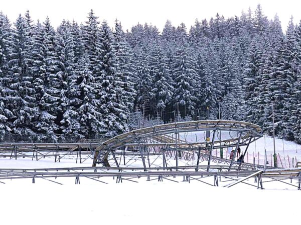 Tory alpine coasteru Czarna Żmija w Czarnej Górze zimą, otoczone zaśnieżonymi jodłami